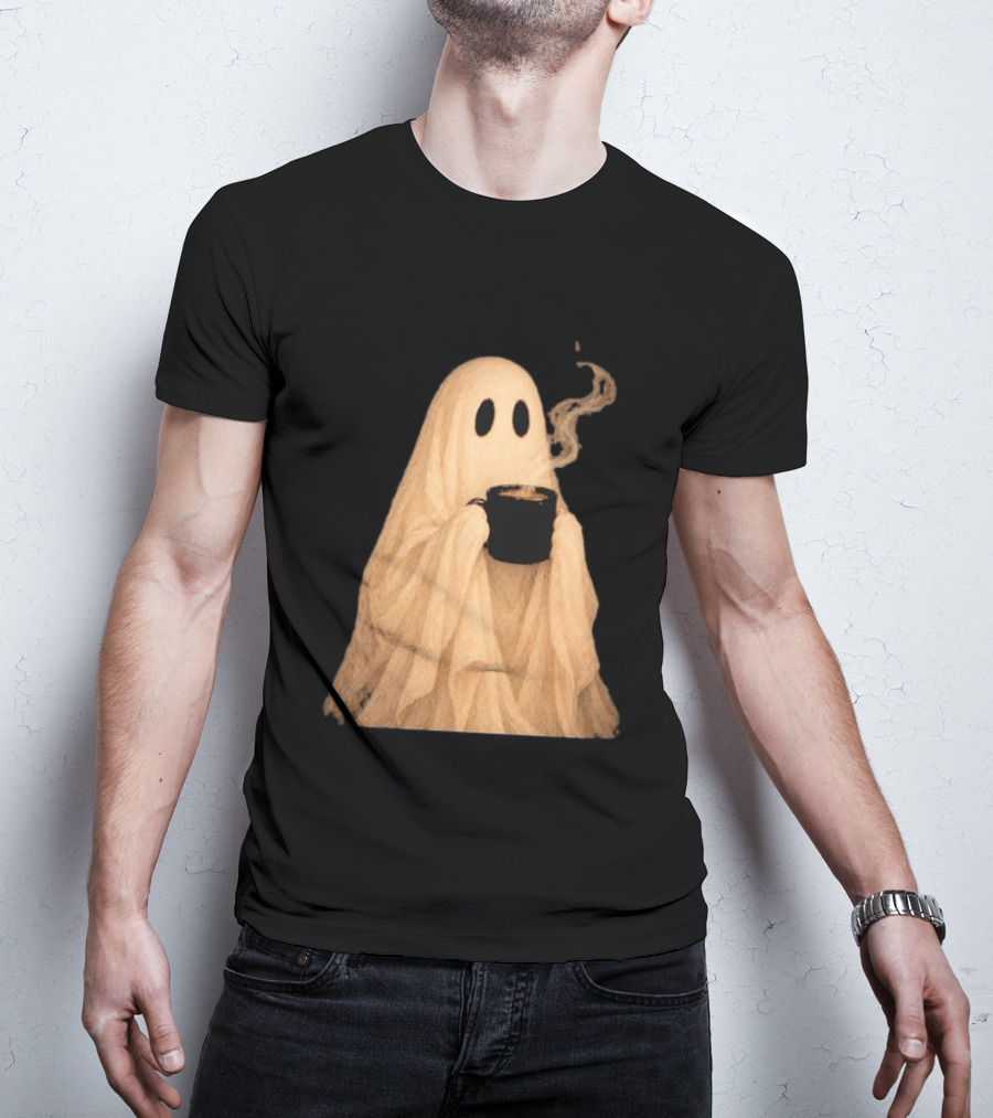 Ghost Spooky Coffee Bar Halloween Cozy Ghost Holding Coffee Steam T-Shirt