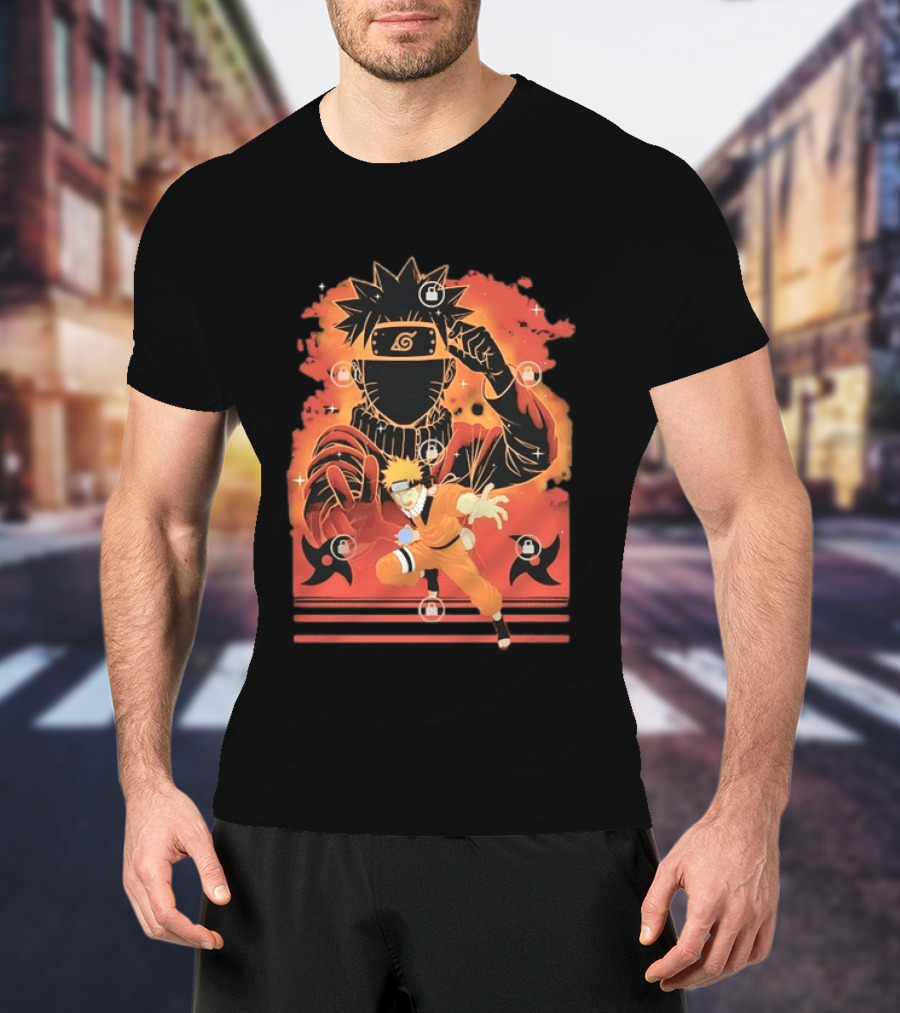 Naruto Uzumaki Ninja Action Anime Manga Shadow Clone Jutsu Shuriken Flames T-Shirt