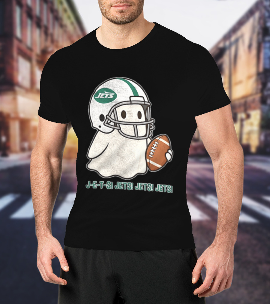 J E S Jets Jets Jets New York Jets Football Helmet Ghost Holding Football T-Shirt
