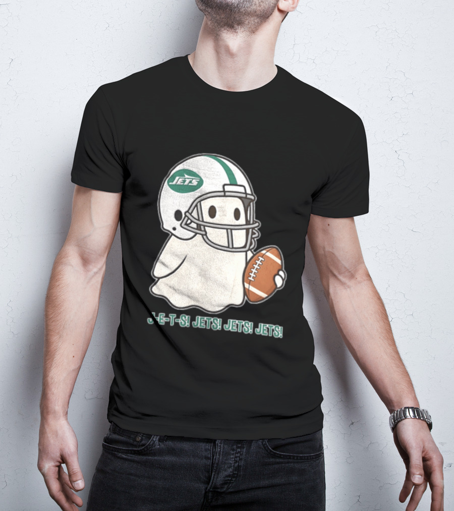 J E S Jets Jets Jets New York Jets Football Helmet Ghost Holding Football T-Shirt