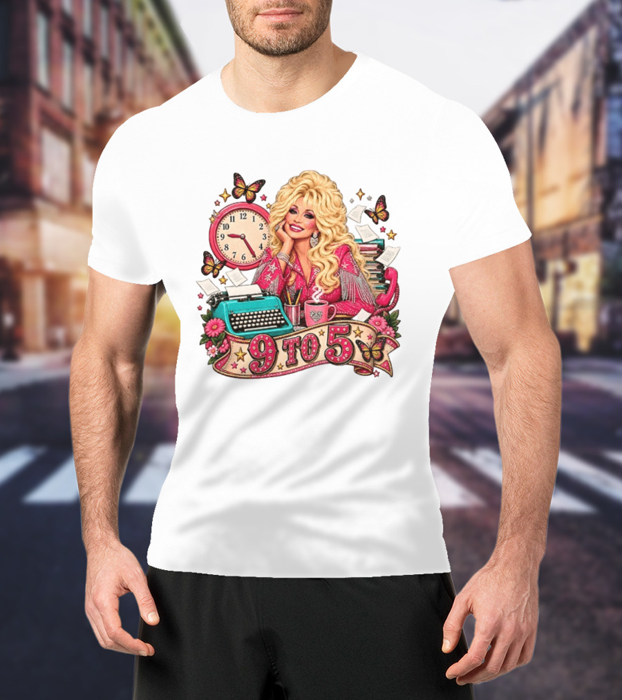 9 To 5 Dolly Parton Music Western Cowgirl Icon With Butterflies And Typewriter T-Shirt