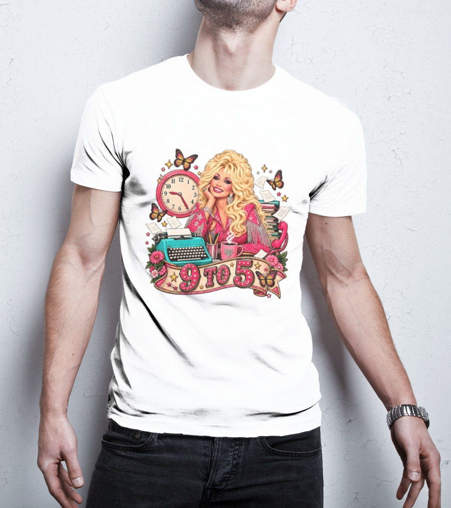 9 To 5 Dolly Parton Music Western Cowgirl Icon With Butterflies And Typewriter T-Shirt