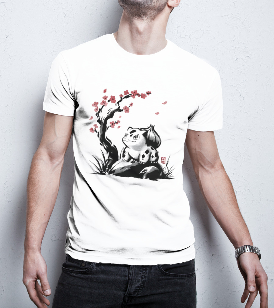 Bulbasaur Sumi E Ink Wash Painting With Cherry Blossom Pokemon T-Shirt