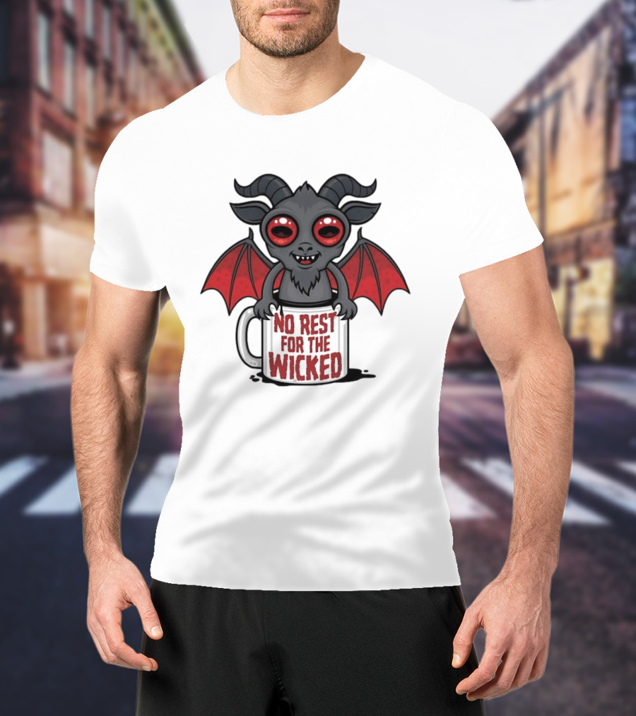 No Rest For The Wicked Little Demon Coffee Red Eyed Bat Wings T-Shirt