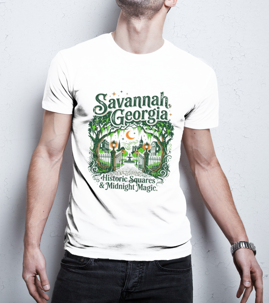 Savannah Georgia Historic Squares Midnight Magic Crescent Moon And Lanterns T-Shirt