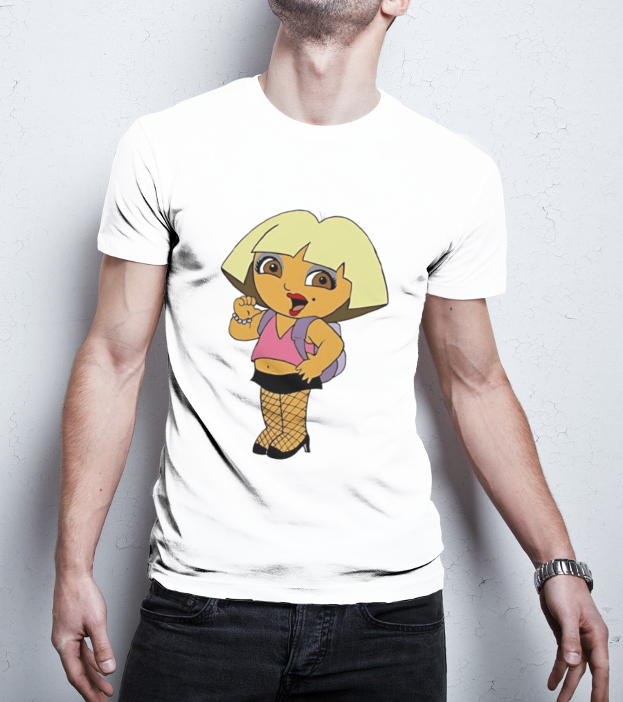 Explorer Parody Cartoon Mashup Pop Culture Icon With Backpack And Fishnets T-Shirt