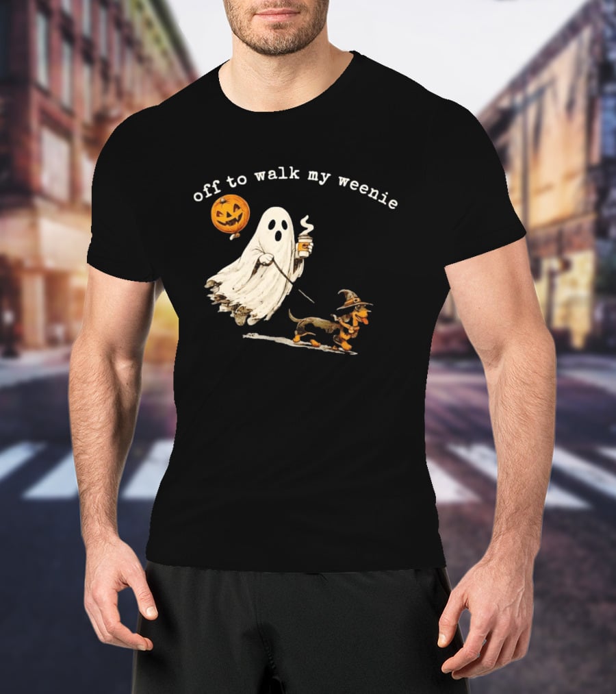 Ghost Walking With Pumpkin Balloon And Dachshund Halloween Fun T-Shirt