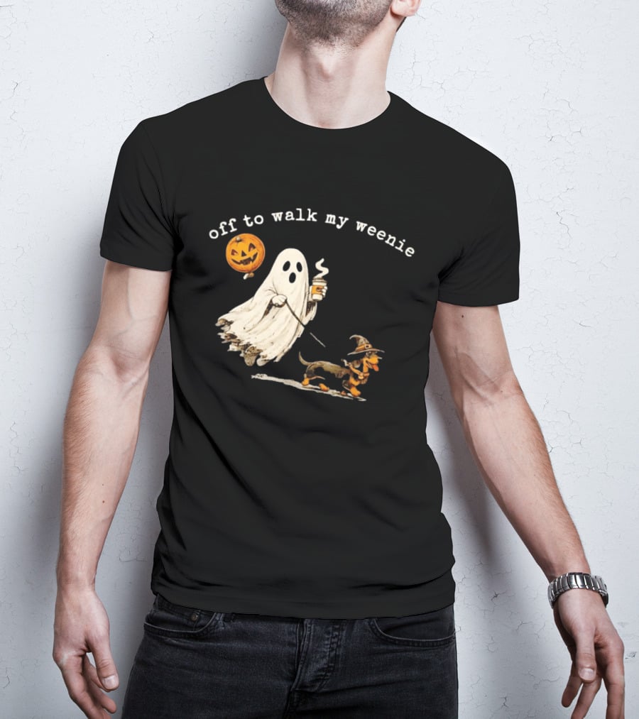 Ghost Walking With Pumpkin Balloon And Dachshund Halloween Fun T-Shirt