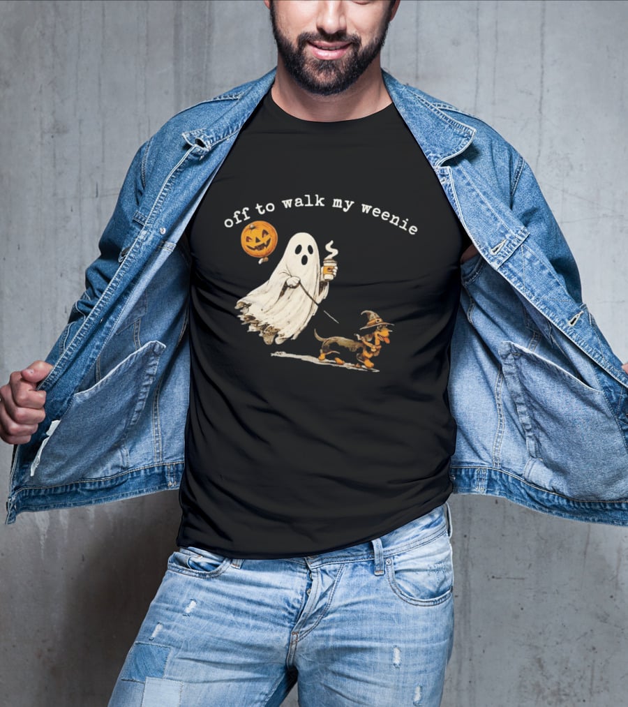 Ghost Walking With Pumpkin Balloon And Dachshund Halloween Fun T-Shirt
