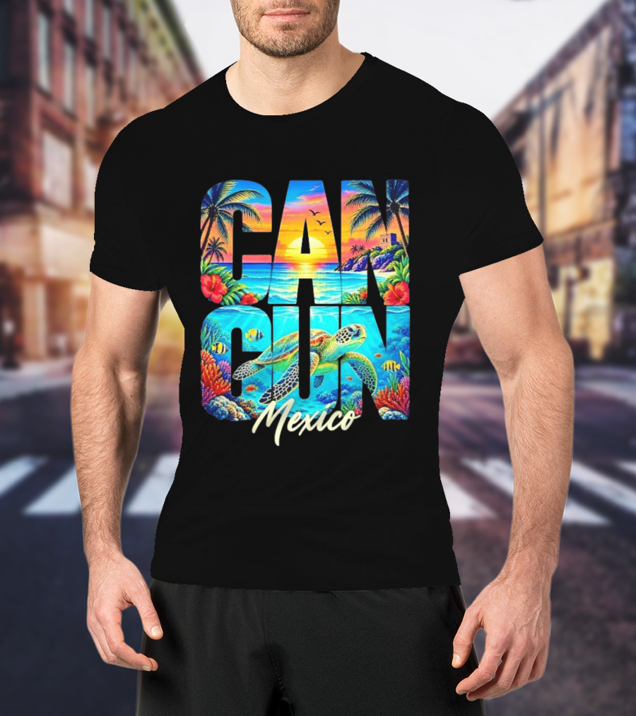 Cancun Mexico Tropical Sea Turtle Sunset Palm Trees Ocean Scene T-Shirt