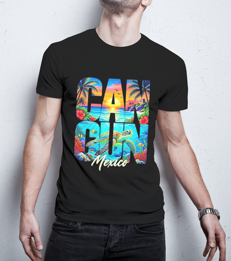 Cancun Mexico Tropical Sea Turtle Sunset Palm Trees Ocean Scene T-Shirt