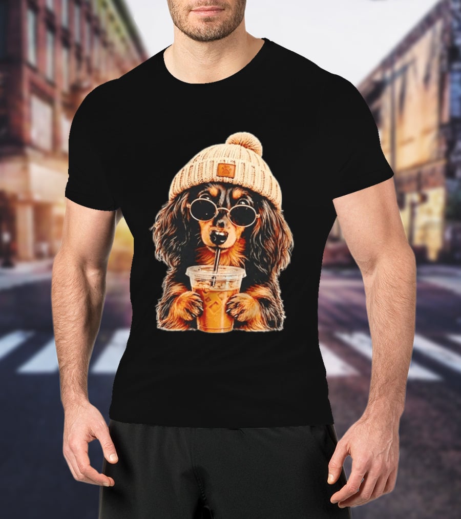 Dachshund Beanie Sunglasses Iced Coffee Trendy Dog Fashion T-Shirt