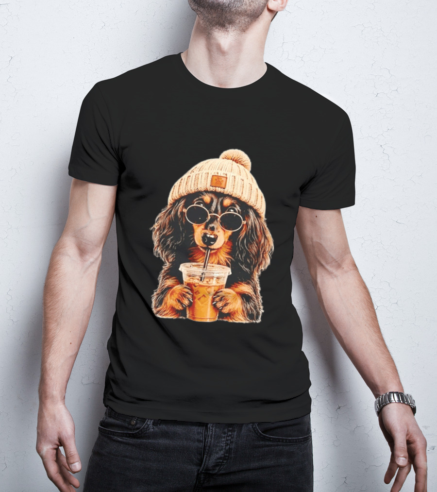 Dachshund Beanie Sunglasses Iced Coffee Trendy Dog Fashion T-Shirt