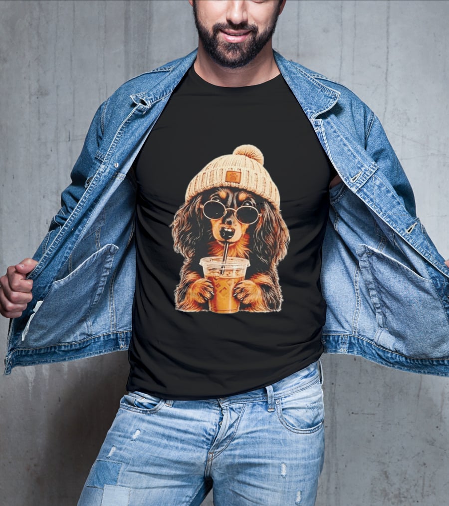 Dachshund Beanie Sunglasses Iced Coffee Trendy Dog Fashion T-Shirt