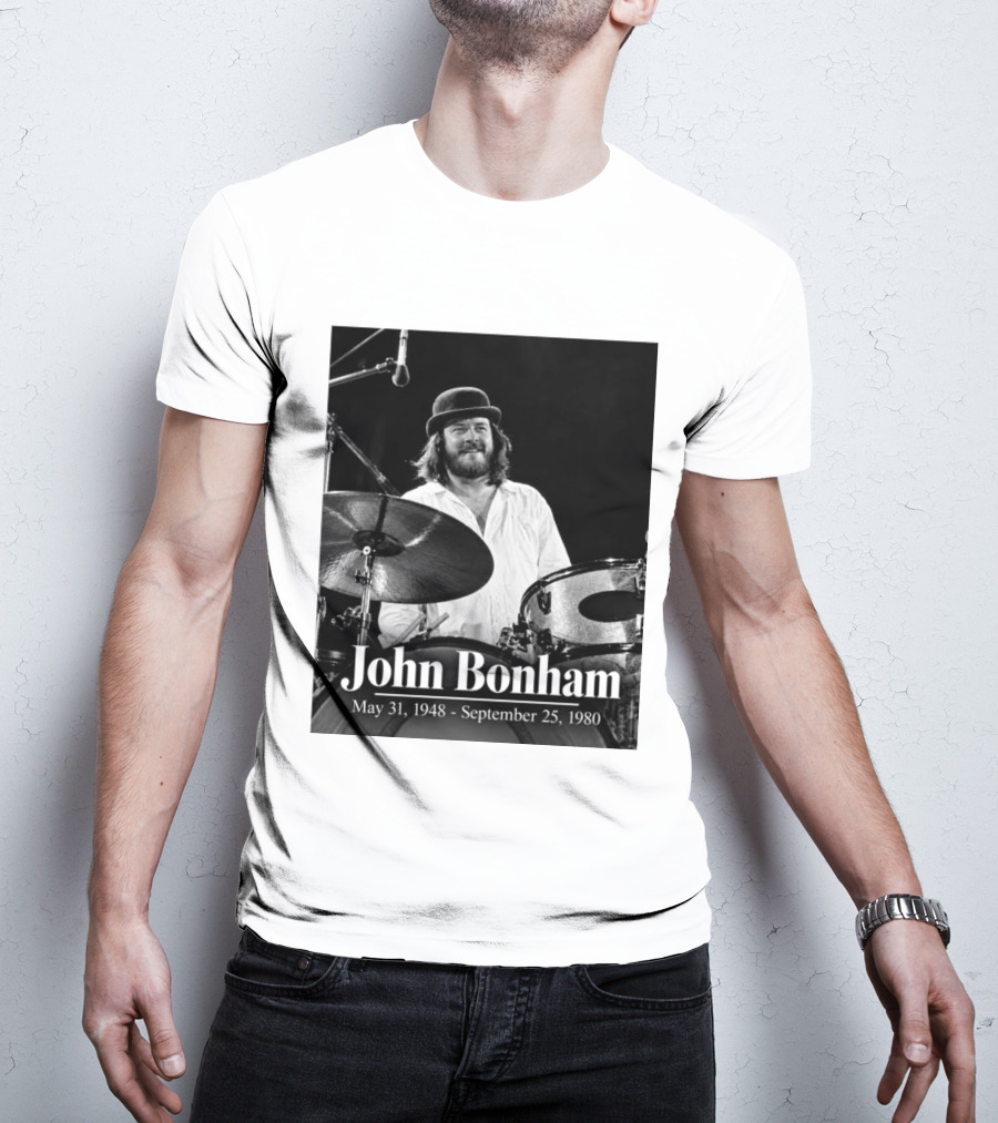 John Bonham May 31 1948 September 25 1980 Drummer Tribute Black And White Photo T-Shirt