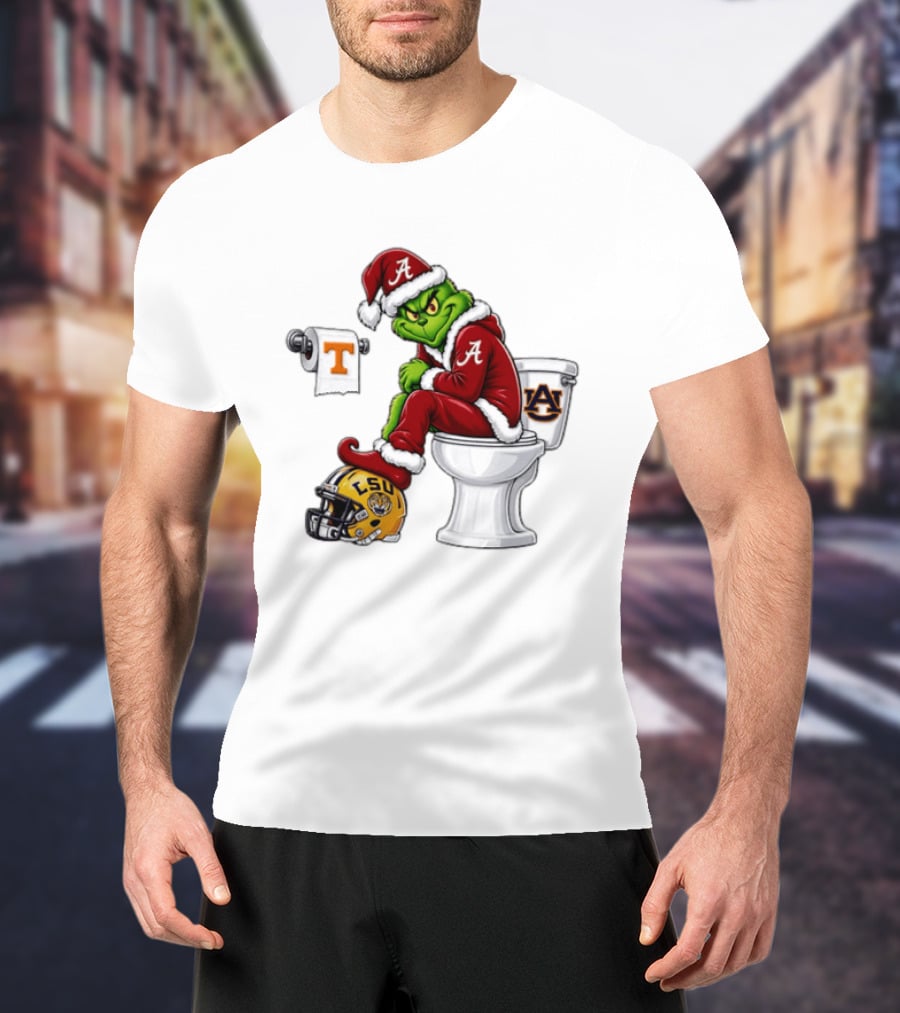 Alabama Crimson Tide Santa Grinch Sitting Auburn Toilet LSU Helmet Christmas T-Shirt