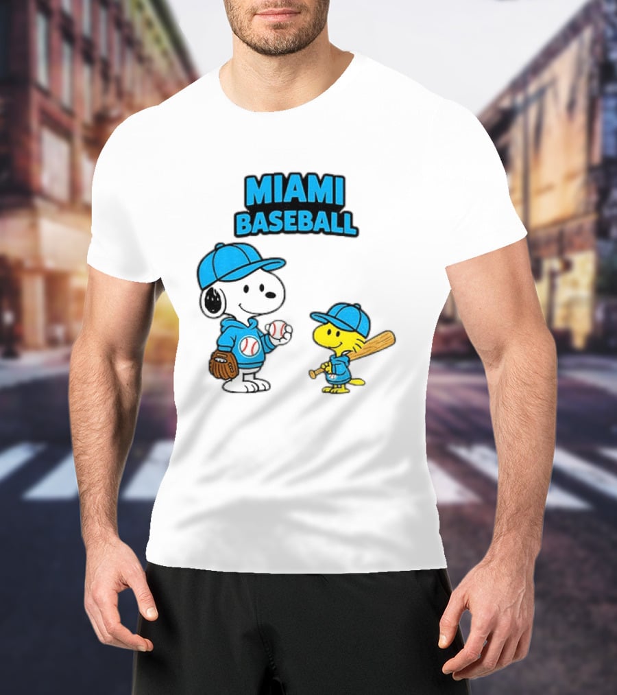 Snoopy Woodstock Miami Baseball Peanuts Cartoon MLB T-Shirt