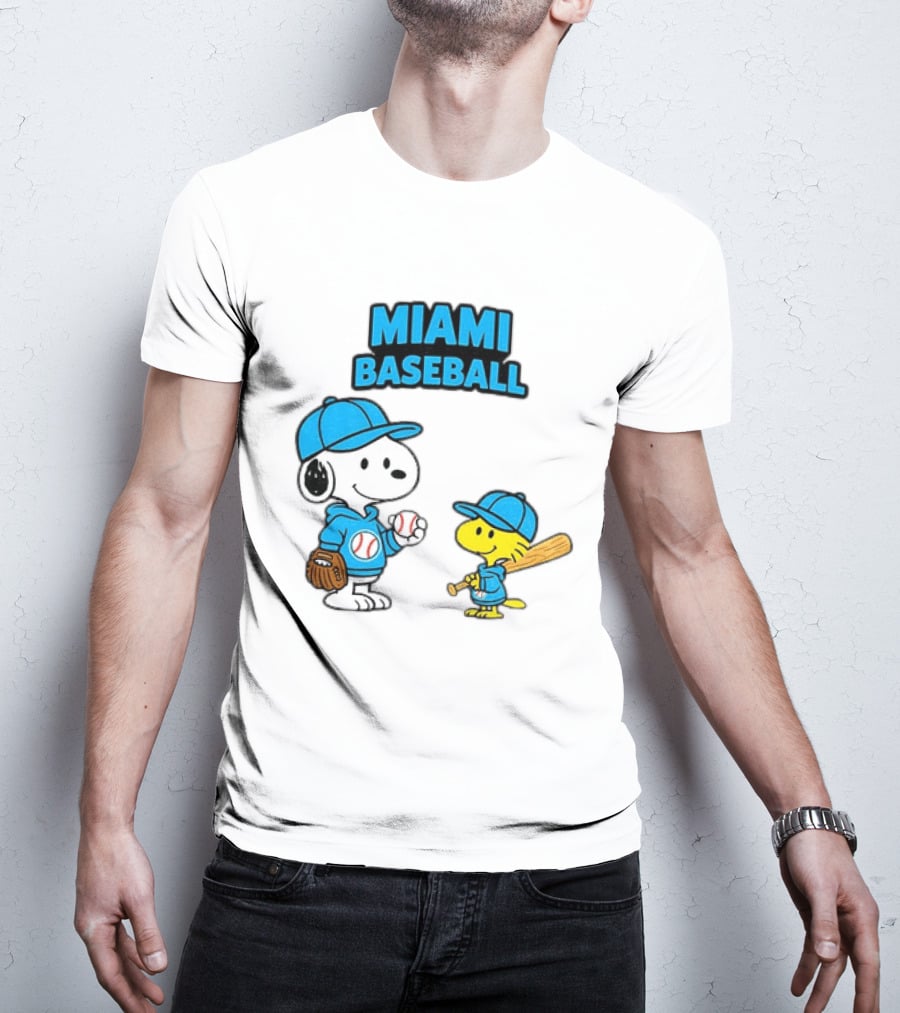 Snoopy Woodstock Miami Baseball Peanuts Cartoon MLB T-Shirt