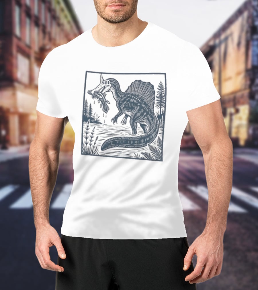 Spinosaurus Catching Fish With Forest T-Shirt