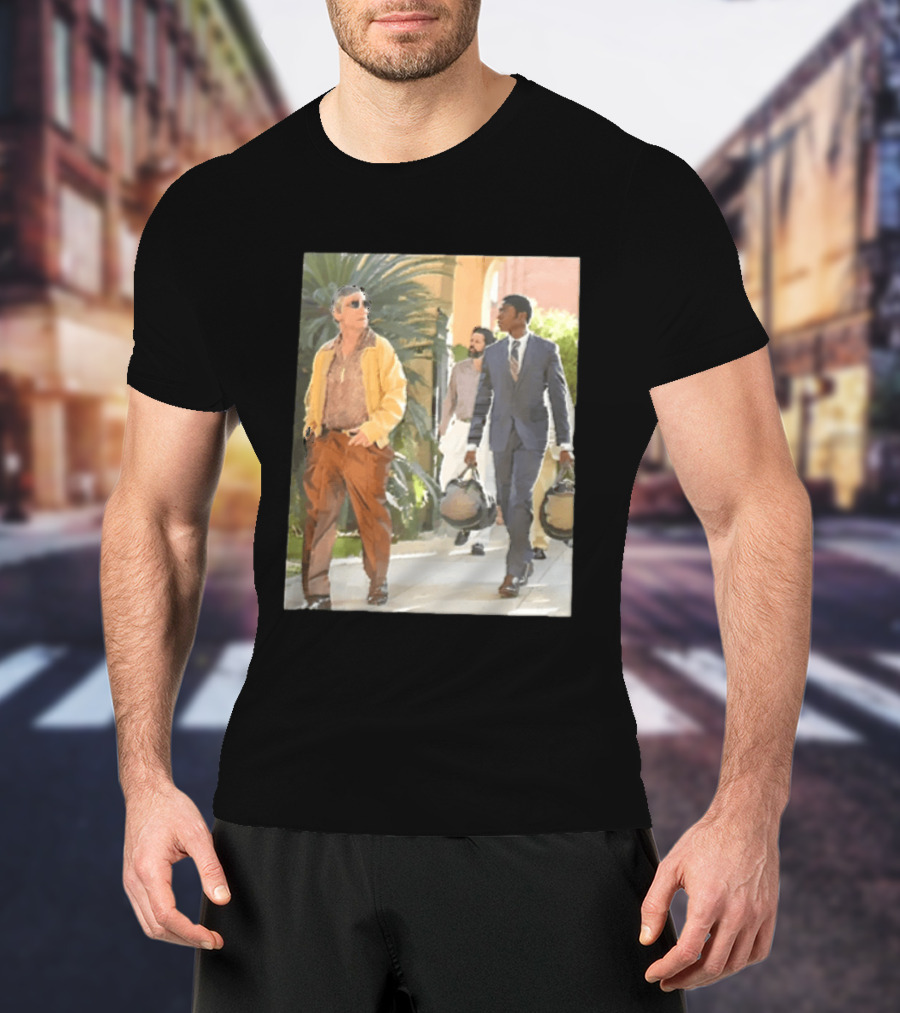 Men In Stylish Outfits Walking Outdoors With Bags T-Shirt