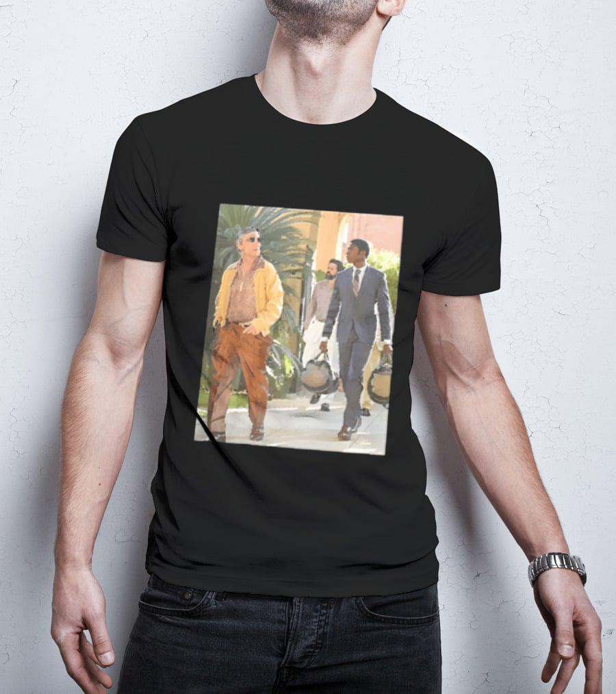 Men In Stylish Outfits Walking Outdoors With Bags T-Shirt