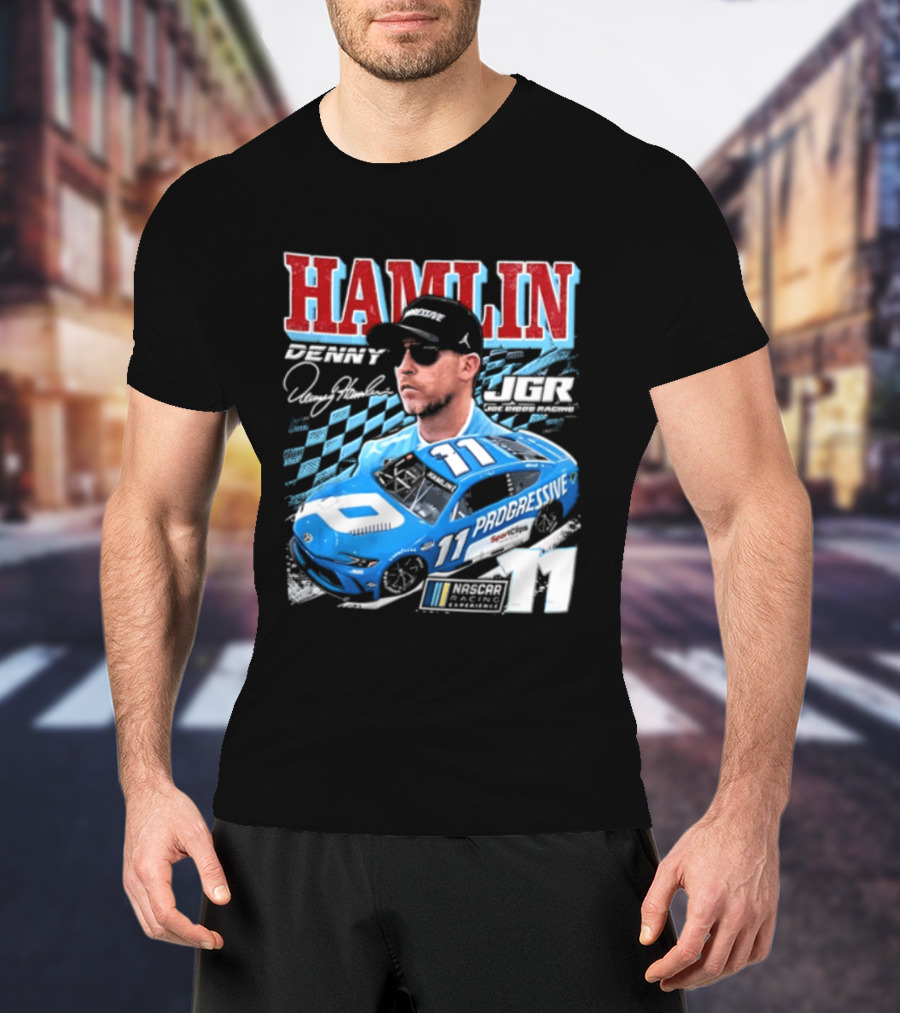 Denny Hamlin Joe Gibbs Racing NASCAR Progressive 11 Racer With Signature And Sunglasses T-Shirt