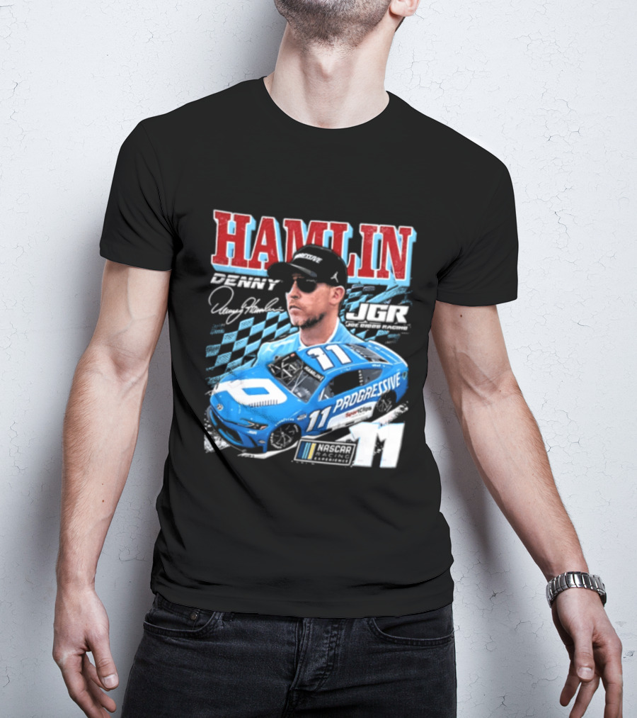 Denny Hamlin Joe Gibbs Racing NASCAR Progressive 11 Racer With Signature And Sunglasses T-Shirt