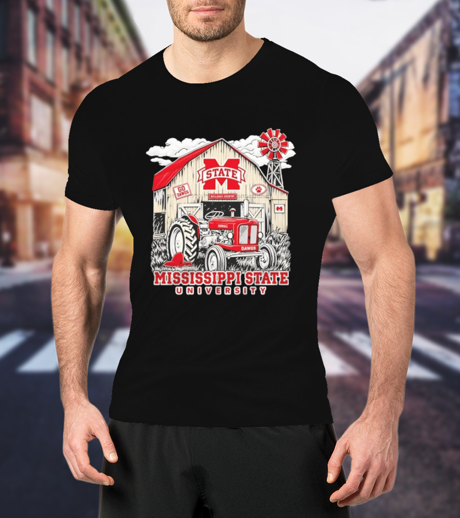 Mississippi State University Bulldogs Country Farmall Tractor Barn With Go Dawgs And Windmill T-Shirt