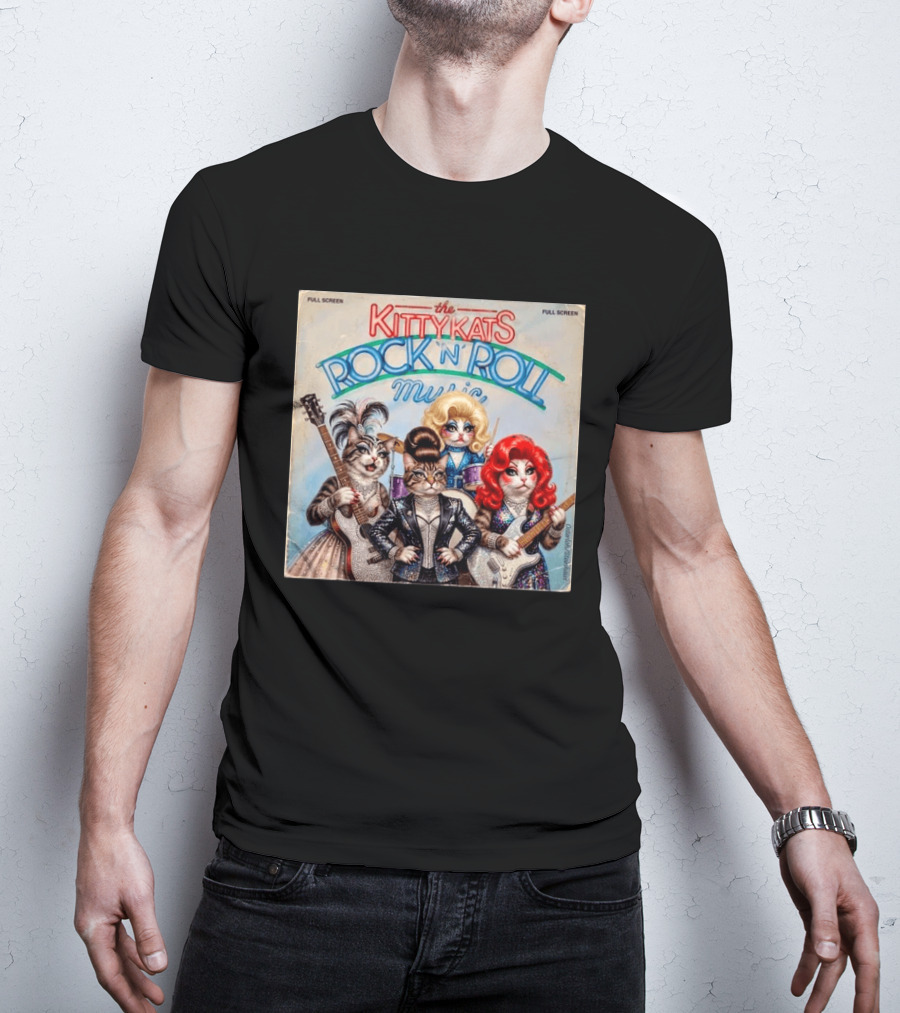The Kitty Kats Rock 'N' Roll Music Full Screen Vintage Cats With Guitars T-Shirt