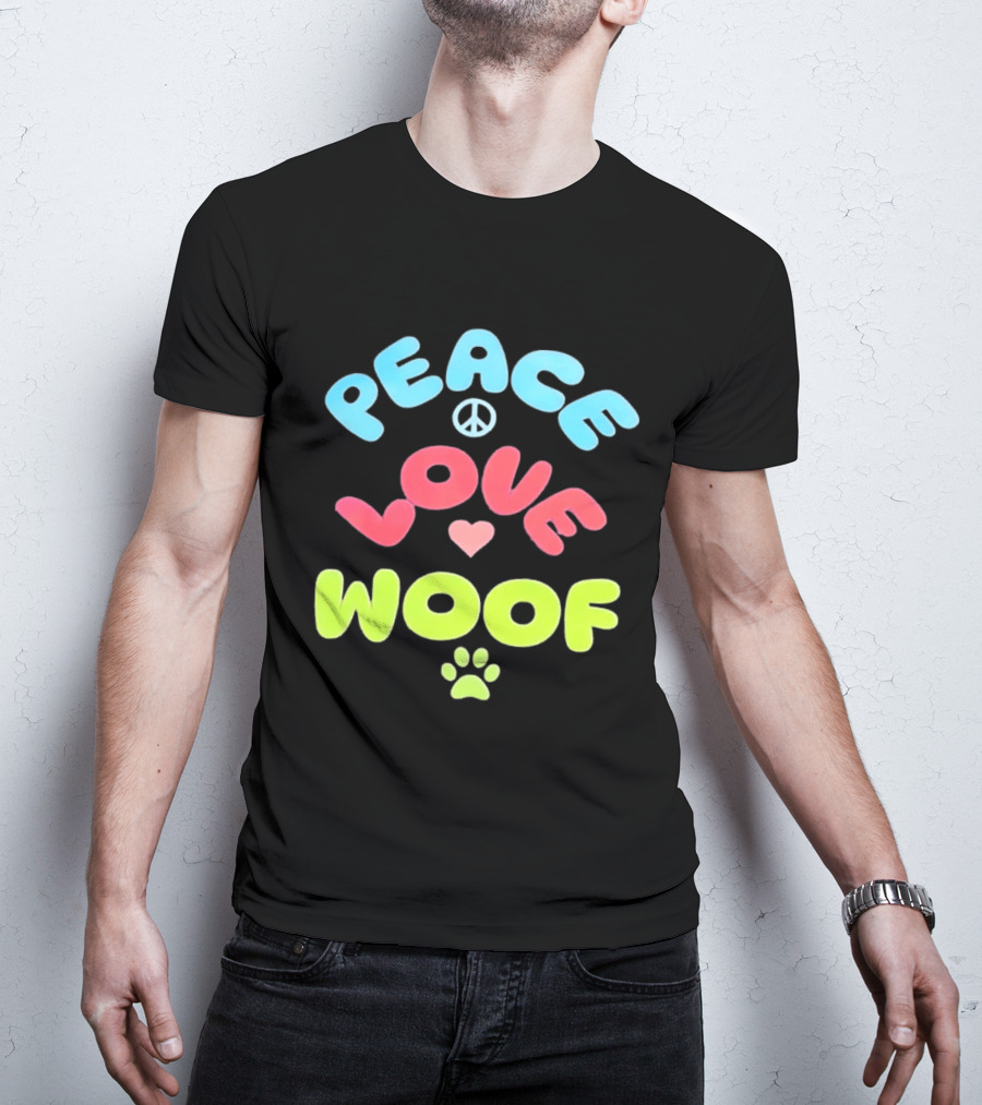 Peace Love Woof Paw Dog Lover Peace Sign Heart T-Shirt
