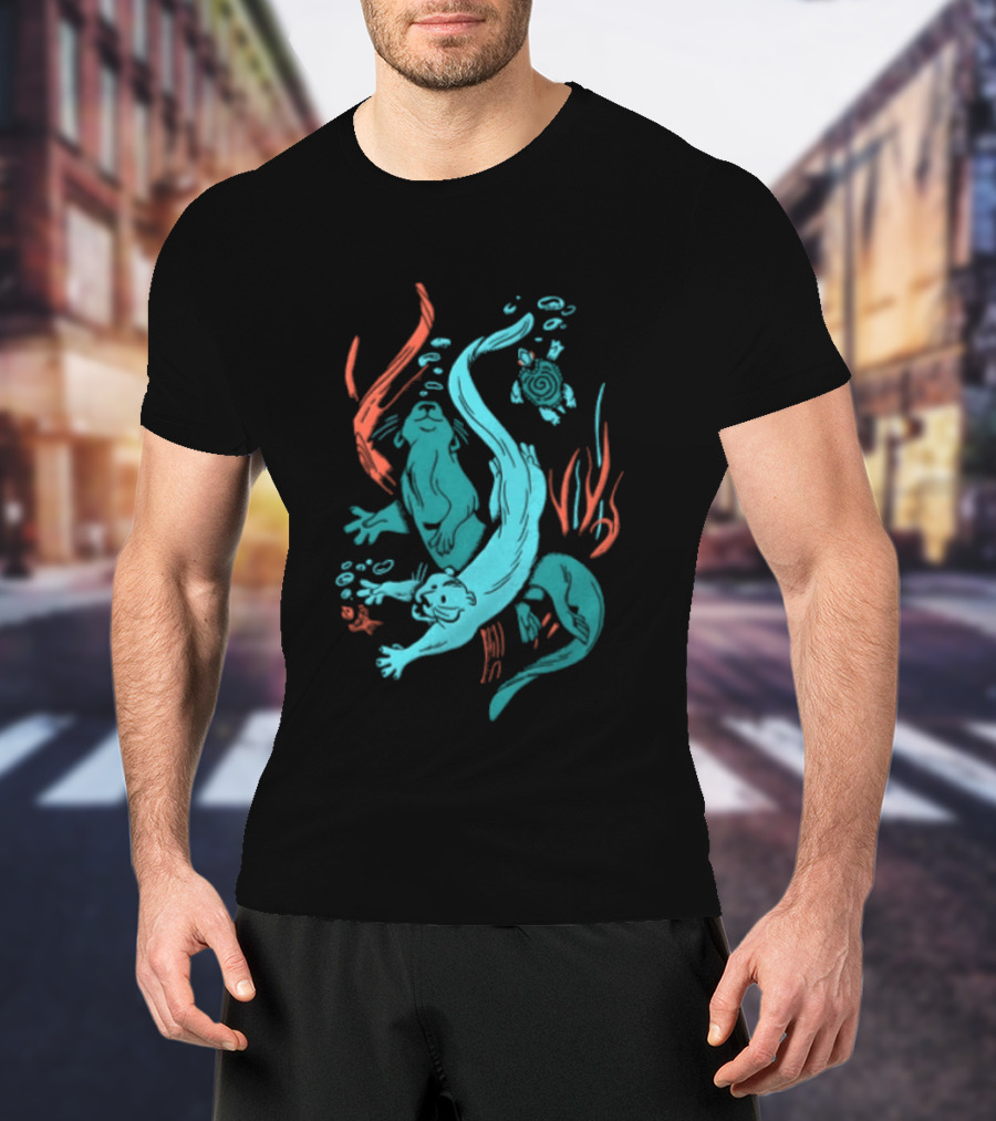 Two Otters Swimming Underwater With Turtle And Seaweed T-Shirt