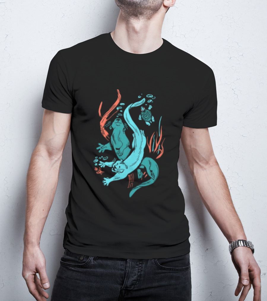 Two Otters Swimming Underwater With Turtle And Seaweed T-Shirt