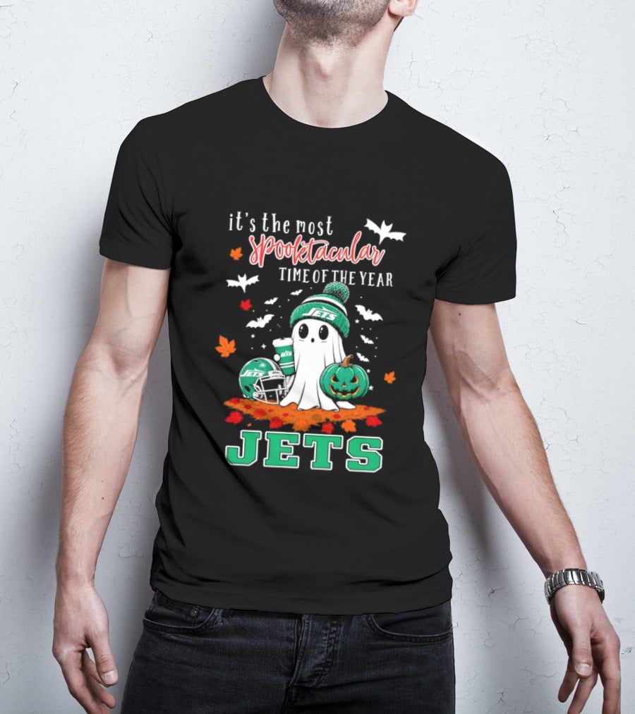 New York Jets Halloween Spooktacular Time Of The Year Football Ghost And Pumpkin T-Shirt