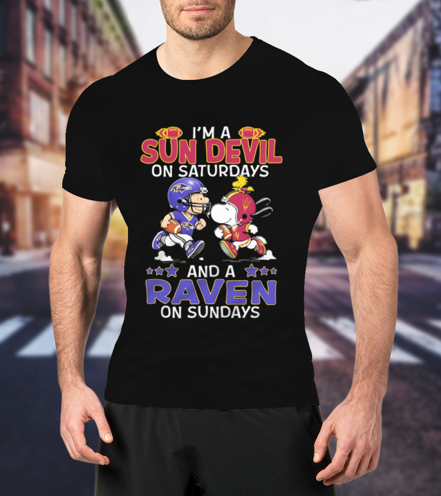 I'm A Sun Devil On Saturdays And A Raven On Sundays Snoopy And Charlie Brown Football T-Shirt