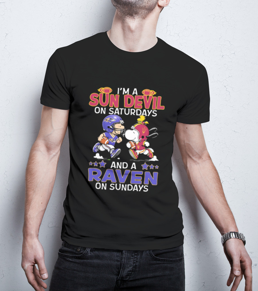 I'm A Sun Devil On Saturdays And A Raven On Sundays Snoopy And Charlie Brown Football T-Shirt
