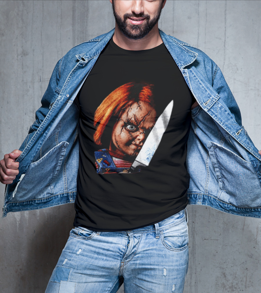 Chucky Child's Play Stitched Doll Knife Horror Movie Character 2 Sided T-Shirt