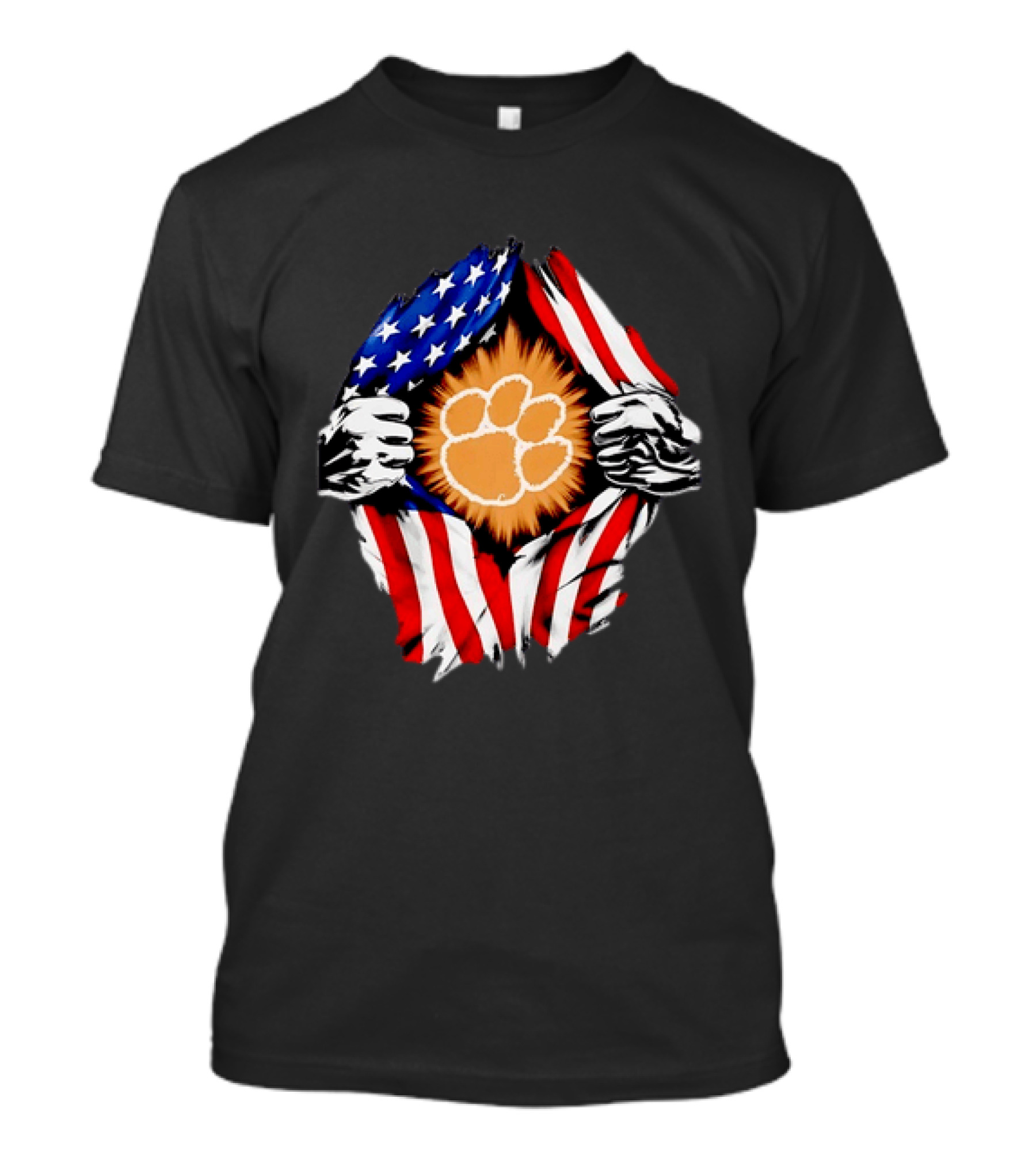 Clemson Tigers Paw Print Ripped American Flag T-Shirt