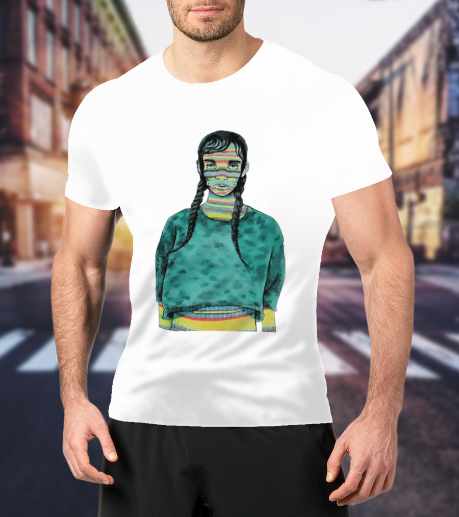 Girl With Braids Colorful Striped Face And Green Sweater T-Shirt