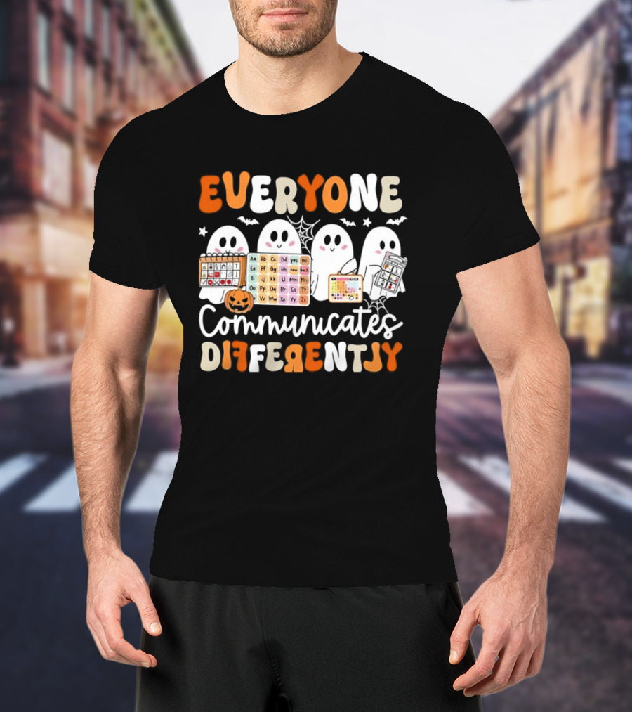 Everyone Communicates Differently Halloween Ghosts AAC Awareness T-Shirt