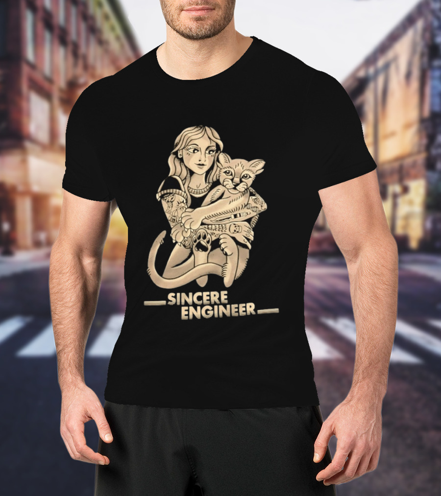 Tattooed Woman Hugging Cat Sincere Engineer T-Shirt
