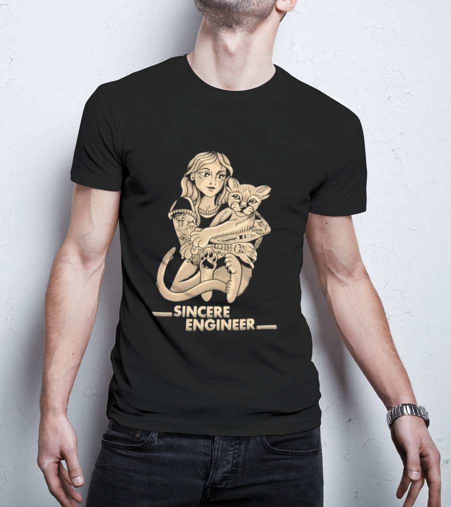 Tattooed Woman Hugging Cat Sincere Engineer T-Shirt