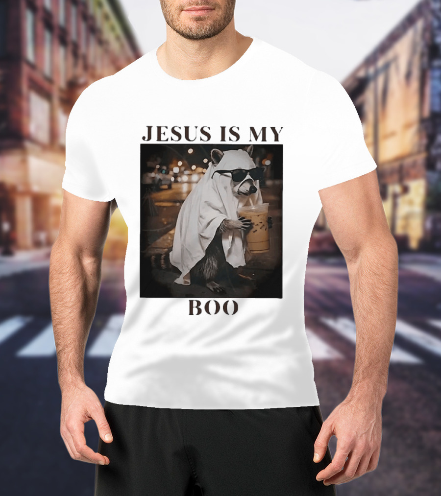 Jesus Is My Boo Raccoon With Iced Coffee And Sunglasses T-Shirt
