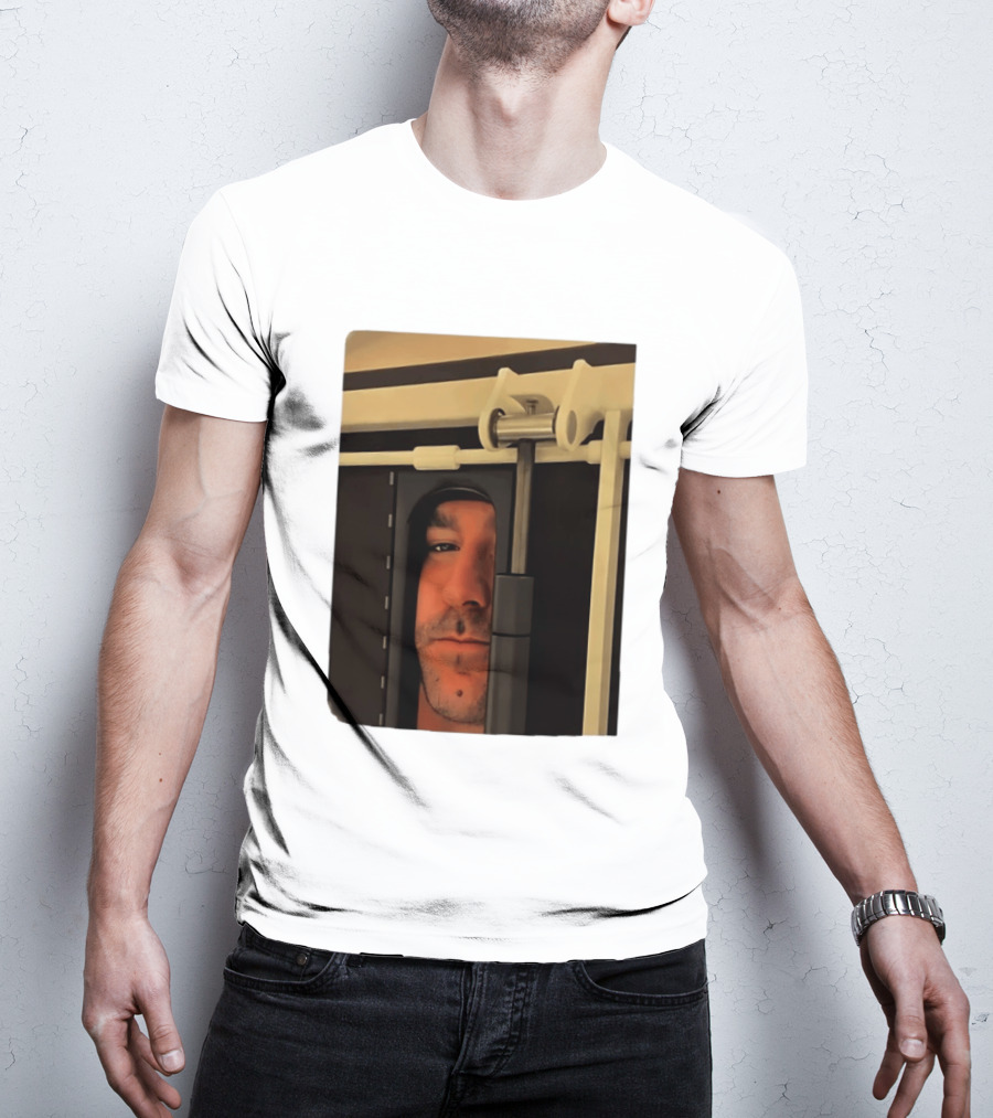 Man Peeking Through Door Face Hidden Observation Doorway T-Shirt