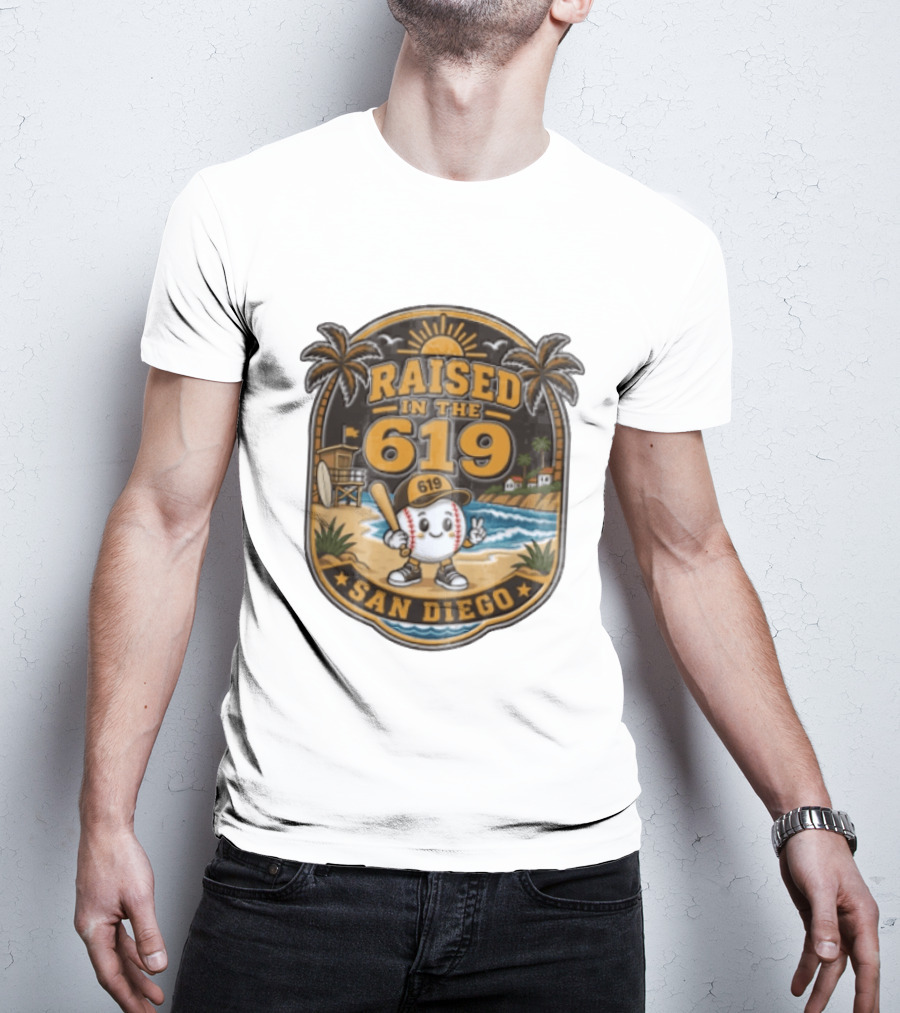 Raised In The 619 Baseball Character San Diego Beach Sunset Palm Trees T-Shirt