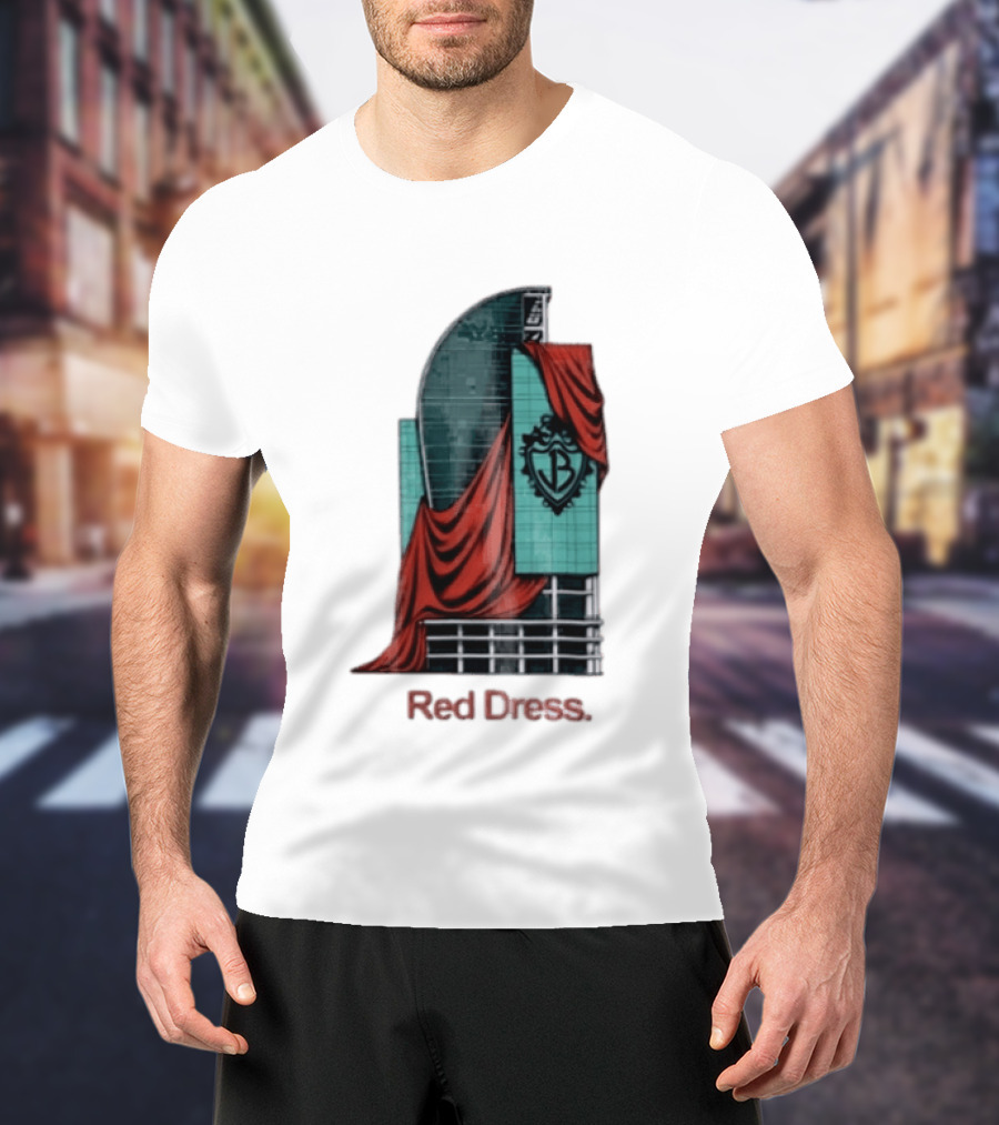 Red Dress Red Drapes Over Modern Skyscraper With Shield T-Shirt