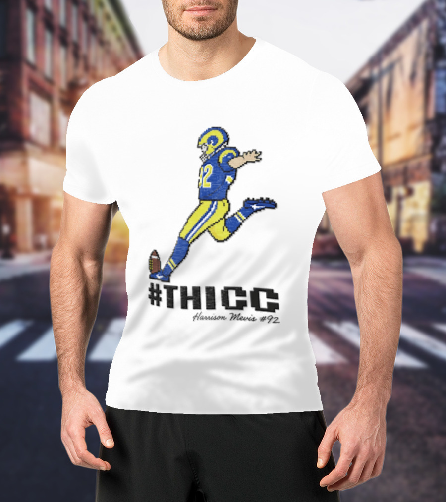 #THICC Harrison Mevis 92 Pixel Football Player In Blue And Yellow Uniform T-Shirt