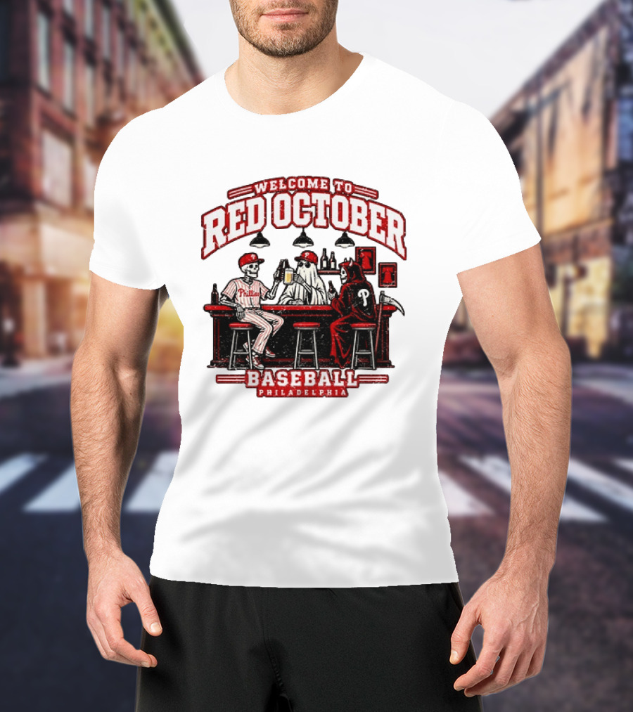 Welcome To Red October Baseball Philadelphia Halloween Skeletons And Ghost At Bar T-Shirt