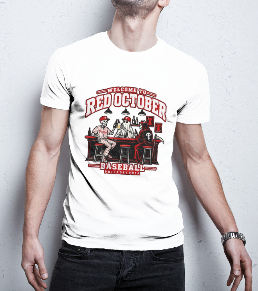 Welcome To Red October Baseball Philadelphia Halloween Skeletons And Ghost At Bar T-Shirt