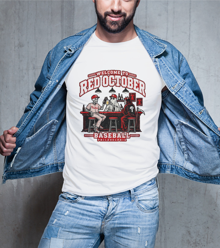 Welcome To Red October Baseball Philadelphia Halloween Skeletons And Ghost At Bar T-Shirt