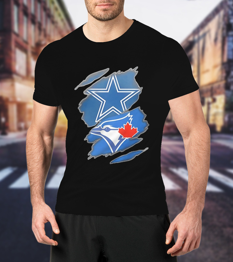 Dallas Cowboys Star And Toronto Blue Jays Jay With Maple Leaf Ripped T-Shirt